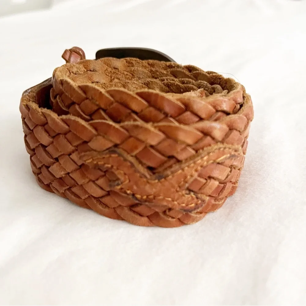 Hollister Woven Braided Leather Belt Women XS S Brown Brass Buckle Vintage